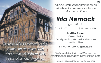 Traueranzeige von Rita Nemack von Südthüringer Presse