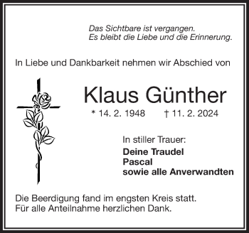 Traueranzeige von Klaus Günther von Frankenpost