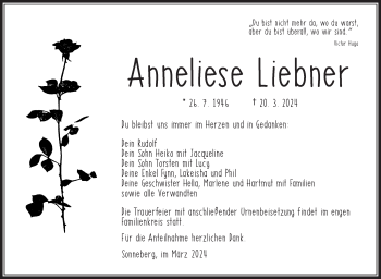 Traueranzeige von Anneliese Liebner von Südthüringer Presse