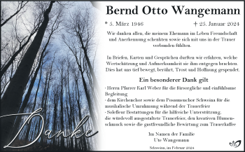 Traueranzeige von Bernd Otto Wangemann von Südthüringer Presse