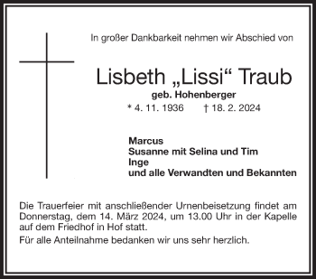 Traueranzeige von Lisbeth Traub von Frankenpost