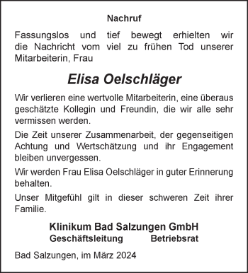 Traueranzeige von Elisa Oelschläger von Südthüringer Presse