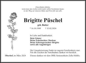 Traueranzeige von Brigitte Püschel von Südthüringer Presse