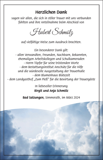 Traueranzeige von Hubert Schmölz von Südthüringer Presse