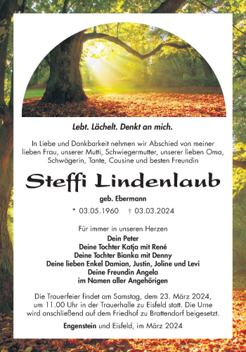 Traueranzeige von Steffi Lindenlaub von Südthüringer Presse