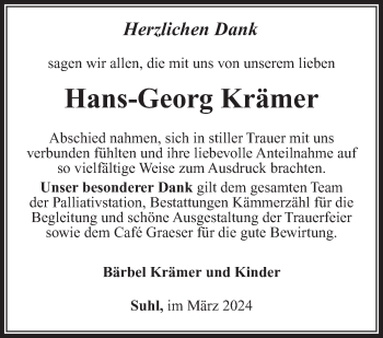 Traueranzeige von Hans-Georg Krämer von Südthüringer Presse