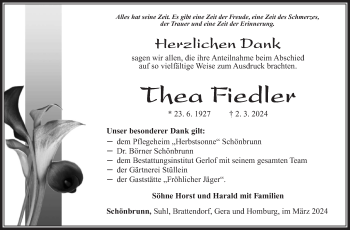 Traueranzeige von Thea Fiedler von Südthüringer Presse