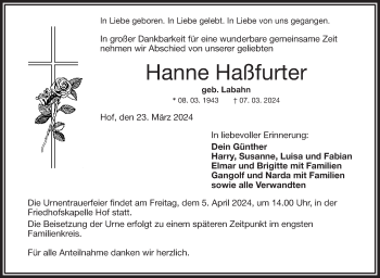 Traueranzeige von Hannelore Haßfurter von Frankenpost