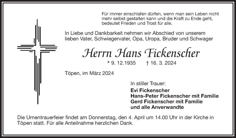  Traueranzeige für Hans Fickenscher vom 30.03.2024 aus Frankenpost