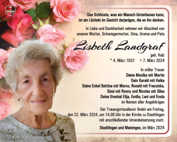 Traueranzeige von Lisbeth Landgraf von Südthüringer Presse