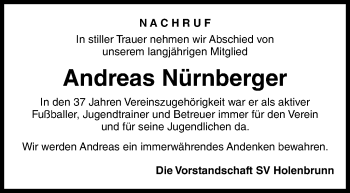 Traueranzeige von Andreas Nürnberger von Frankenpost