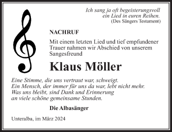 Traueranzeige von Klaus Möller von Südthüringer Presse