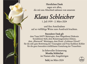 Traueranzeige von Klaus Schleicher von Südthüringer Presse