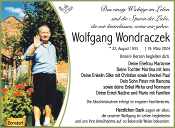 Traueranzeige von Wolfgang Wondraczek von Südthüringer Presse