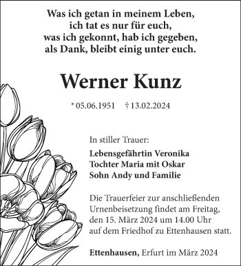Traueranzeige von Werner Kunz von Südthüringer Presse