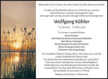 Traueranzeige von Wolfgang Köhler von Südthüringer Presse