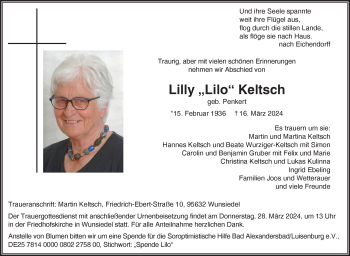 Traueranzeige von Lilly Keltsch von Frankenpost