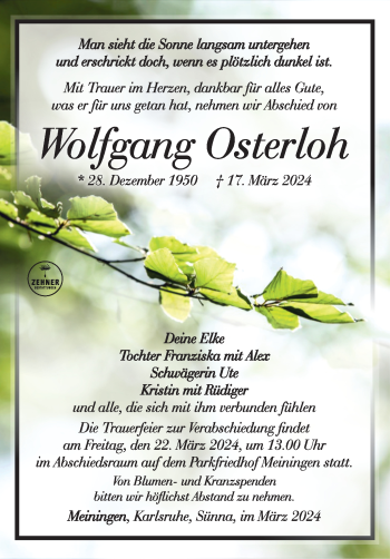 Traueranzeige von Wolfgang Osterloh von Südthüringer Presse