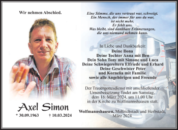 Traueranzeige von Axel Simon von Südthüringer Presse