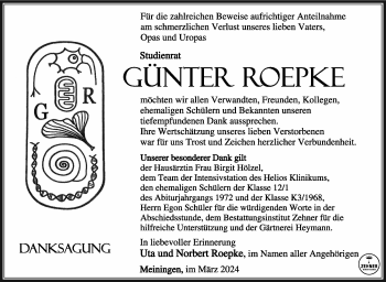 Traueranzeige von Günter Roepke von Südthüringer Presse