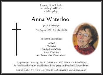 Traueranzeige von Anna Waterloo von Frankenpost