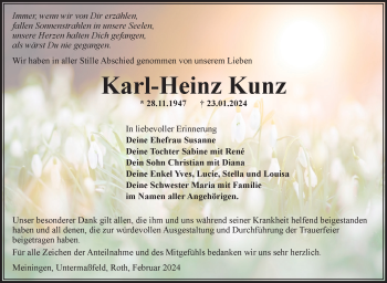 Traueranzeige von Karl-Heinz Kunz von Südthüringer Presse
