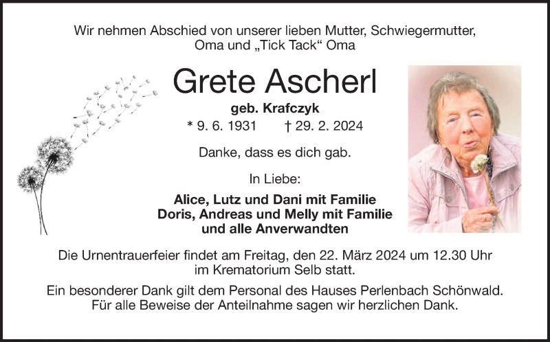  Traueranzeige für Grete Ascherl vom 16.03.2024 aus Frankenpost