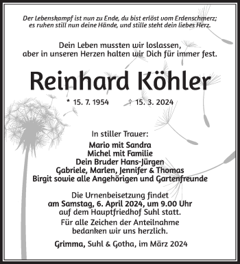 Traueranzeige von Reinhard Köhler von Südthüringer Presse