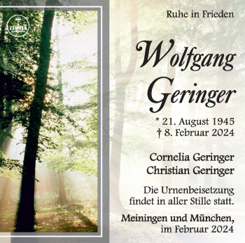 Traueranzeige von Wolfgang Geringer von Südthüringer Presse