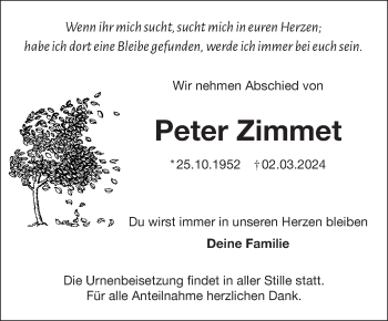 Traueranzeige von Peter Zimmet von Frankenpost