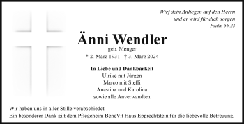 Traueranzeige von Änni Wendler von Frankenpost