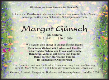 Traueranzeige von Margot Günsch von Südthüringer Presse