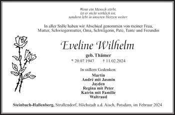 Traueranzeige von Eveline Wilhelm von Südthüringer Presse
