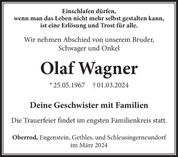 Traueranzeige von Olaf Wagner von Südthüringer Presse