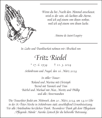 Traueranzeige von Fritz Riedel von Frankenpost