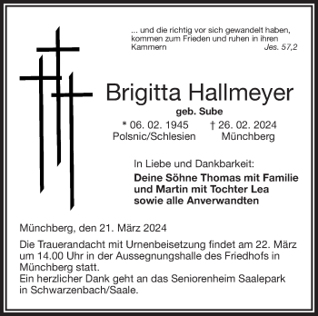 Traueranzeige von Brigitta Hallmeyer von Frankenpost