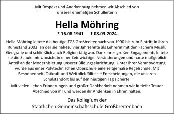 Traueranzeige von Hella Möhring von Südthüringer Presse