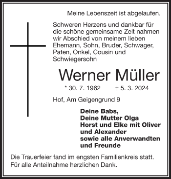 Traueranzeige von Werner Müller von Frankenpost