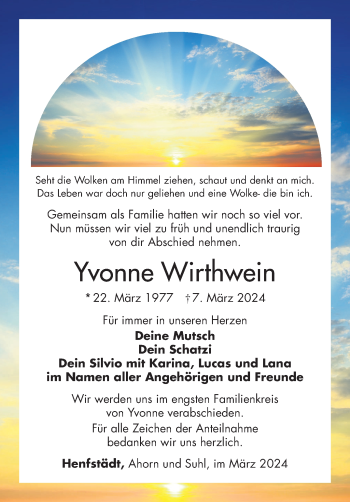 Traueranzeige von Yvonne Wirthwein von Südthüringer Presse