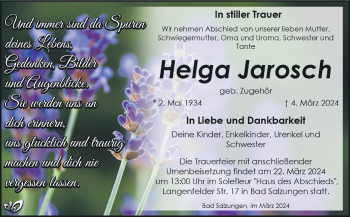 Traueranzeige von Helga Jarosch von Südthüringer Presse