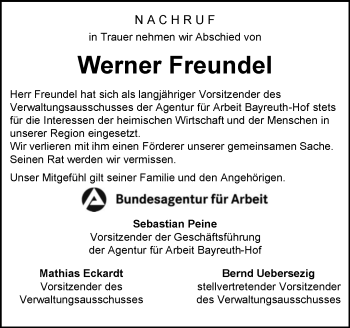 Traueranzeige von Werner Freundel von Frankenpost