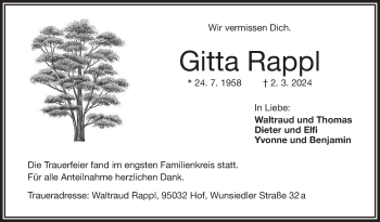 Traueranzeige von Gitta Rappl von Frankenpost