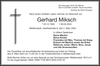 Traueranzeige von Gerhard Miksch von Frankenpost