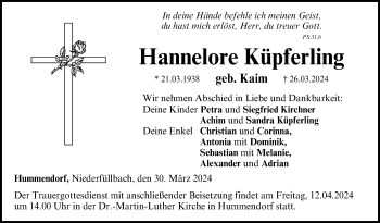 Traueranzeige von Hannelore Küpferling von Neue Presse Coburg