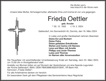 Traueranzeige von Frieda Oettler von Frankenpost