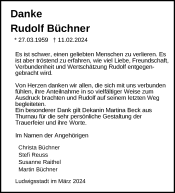 Traueranzeige von Rudolf Büchner von Neue Presse Coburg