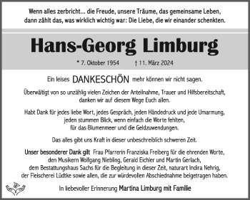 Traueranzeige von Hans-Georg Limburg von Südthüringer Presse