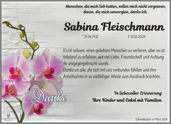 Traueranzeige von Sabina Fleischmann von Südthüringer Presse