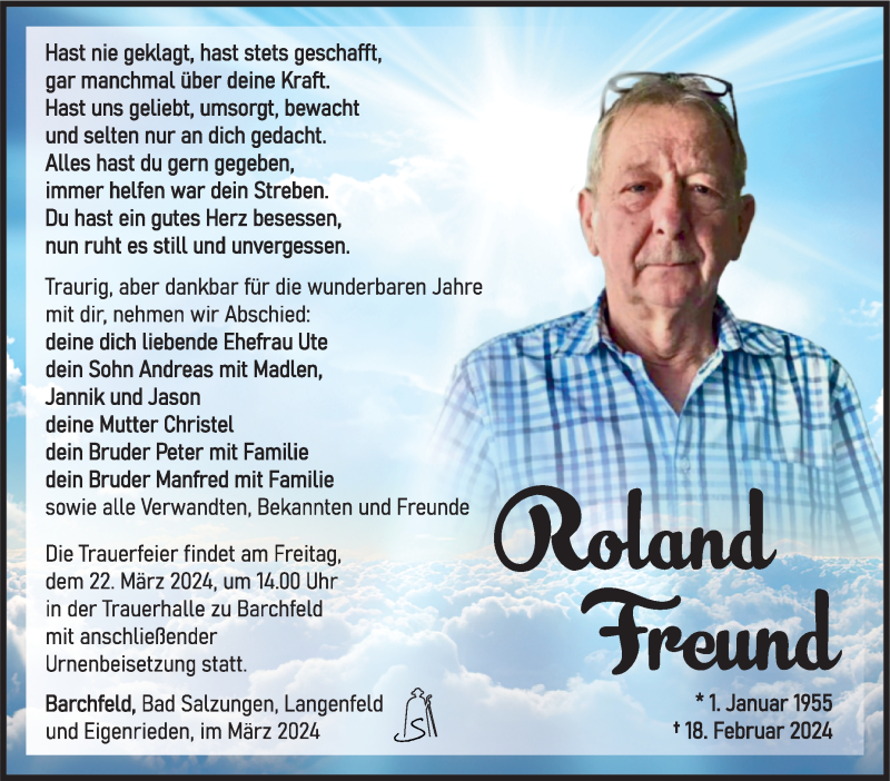  Traueranzeige für Roland Freund vom 16.03.2024 aus Südthüringer Presse