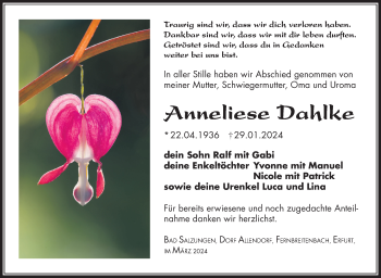 Traueranzeige von Anneliese Dahlke von Südthüringer Presse